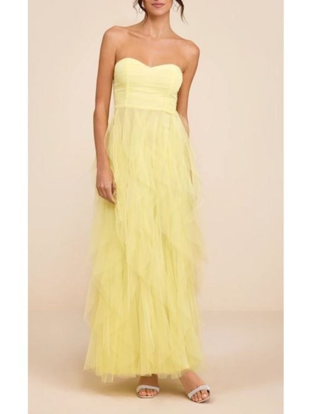 Lulus Delightful Beauty Yellow Strapless Ruched Ruffled Maxi Dress Sise S NWT